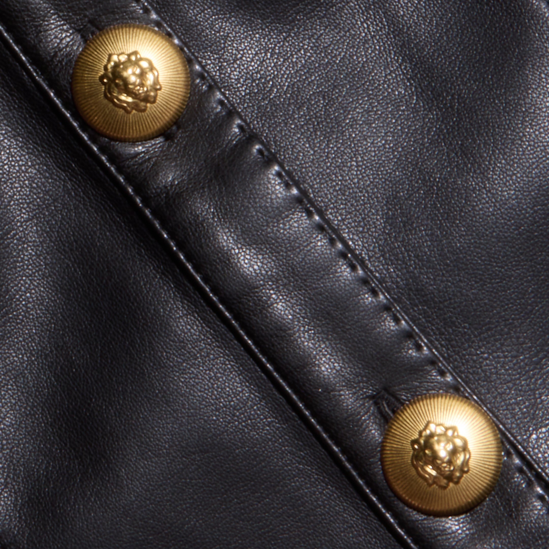 Close-up of the Apolline Vegan Leather Dress in black, showcasing two gold decorative buttons with a lion’s head design along a stitched seam running diagonally across the vegan leather fabric.
