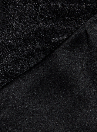 Two black fabrics are shown: the top-left features a floral lace texture evocative of a Chantilly lace dress, while the bottom-right is smooth and matte, capturing the luxurious essence of the Selene Silk Gown. Both fabrics meet diagonally, creating a striking contrast in texture.