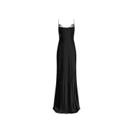 Selene Silk Gown in black silk, featuring delicate spaghetti straps, Chantilly lace trim along the neckline, and a subtly flared hem. Shown against a plain white background.