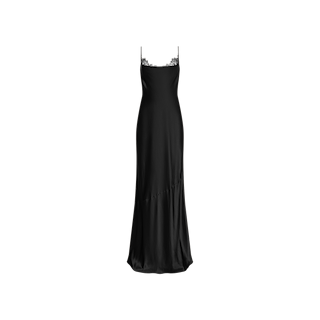 The Selene Silk Gown is a black satin slip dress featuring thin spaghetti straps, intricate Chantilly lace trim along the neckline, and a subtly flared hem. Reminiscent of a classic black silk gown, this evening dress presents a smooth, elegant silhouette and is displayed against a plain white background.