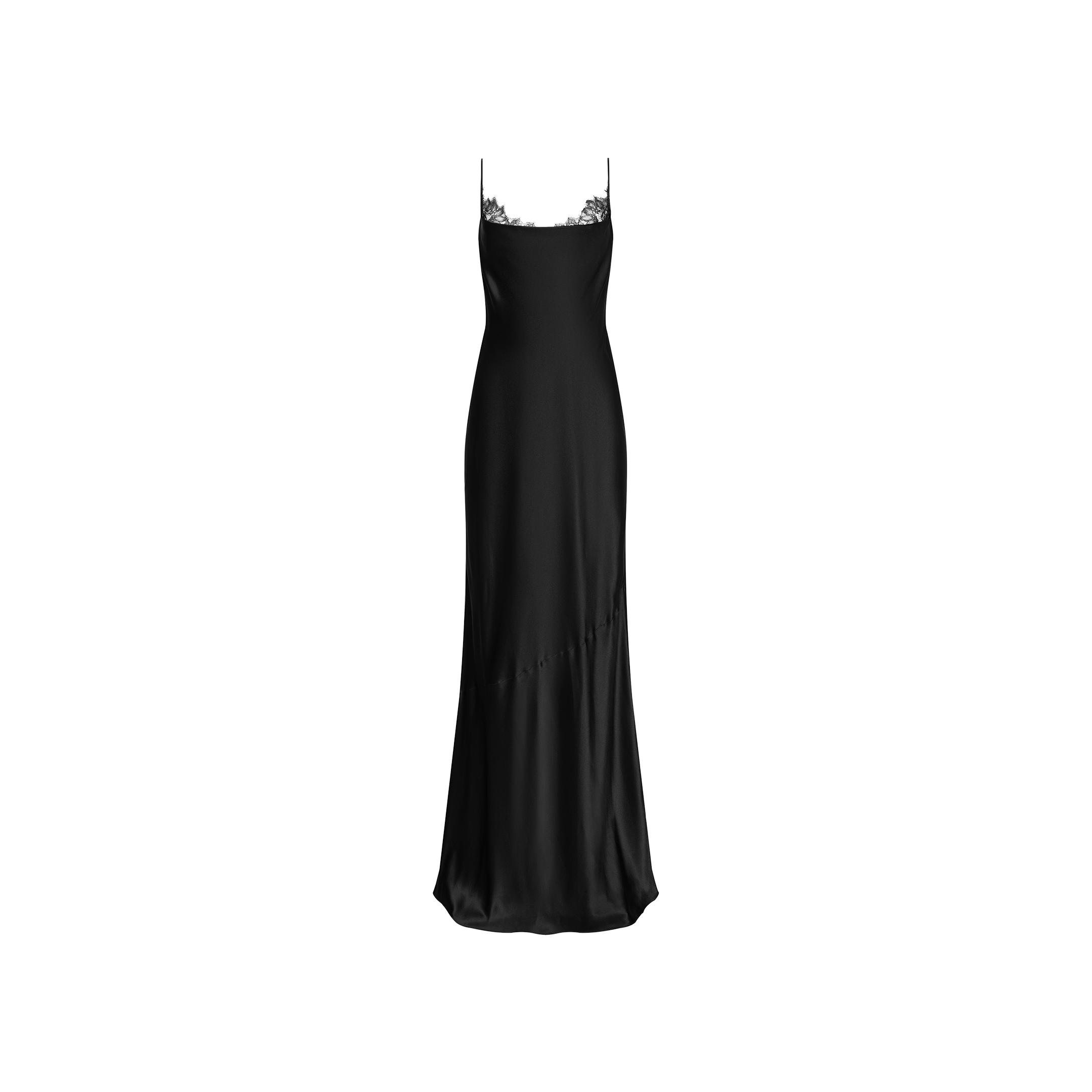 Selene Silk Gown in black silk, featuring delicate spaghetti straps, Chantilly lace trim along the neckline, and a subtly flared hem. Shown against a plain white background.