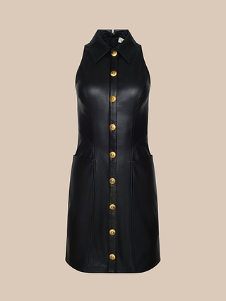 Chic and sophisticated, the Apolline Vegan Leather Dress by L’AGENCE is a sleeveless black dress featuring a collared neckline, gold front buttons, and two side pockets. Crafted from sleek vegan leather, this collared dress stands out beautifully against a plain beige background.