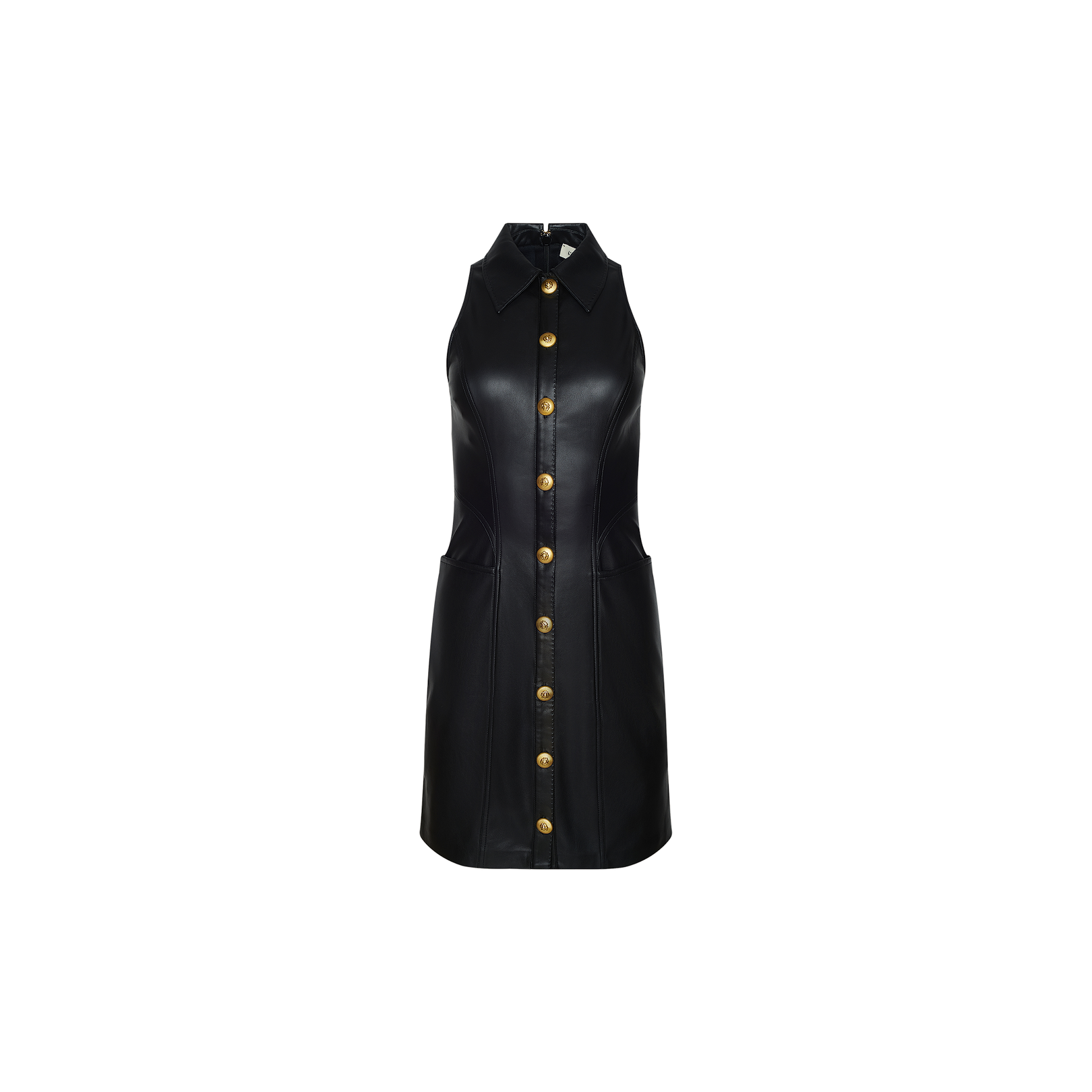 Introducing the Apolline Vegan Leather Dress—a sleeveless, black mini dress crafted from vegan leather. This collared design features gold buttons down the front and two pockets, offering both style and functionality with an elegant touch.