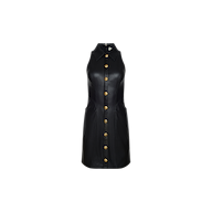 Introducing the Apolline Vegan Leather Dress—a sleeveless, black mini dress crafted from vegan leather. This collared design features gold buttons down the front and two pockets, offering both style and functionality with an elegant touch.