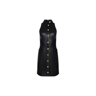 The Apolline Vegan Leather Dress is a sleeveless black mini dress featuring a chic collared neckline, gold buttons down the front, and two front pockets, displayed on a plain white background. This modern and sophisticated piece perfectly embodies L’AGENCE’s signature style.
