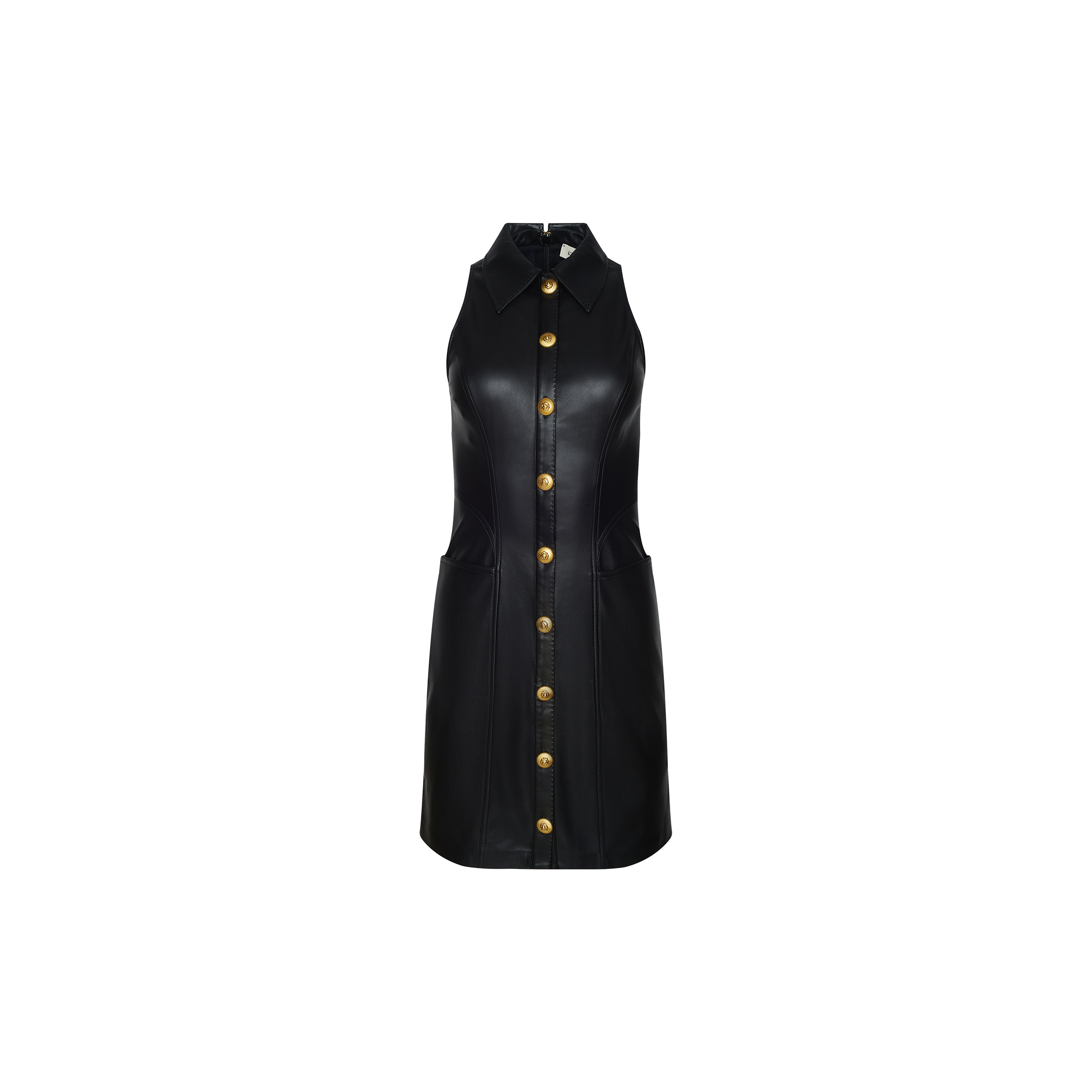 Introducing the Apolline Vegan Leather Dress—a sleeveless, black mini dress crafted from vegan leather. This collared design features gold buttons down the front and two pockets, offering both style and functionality with an elegant touch.