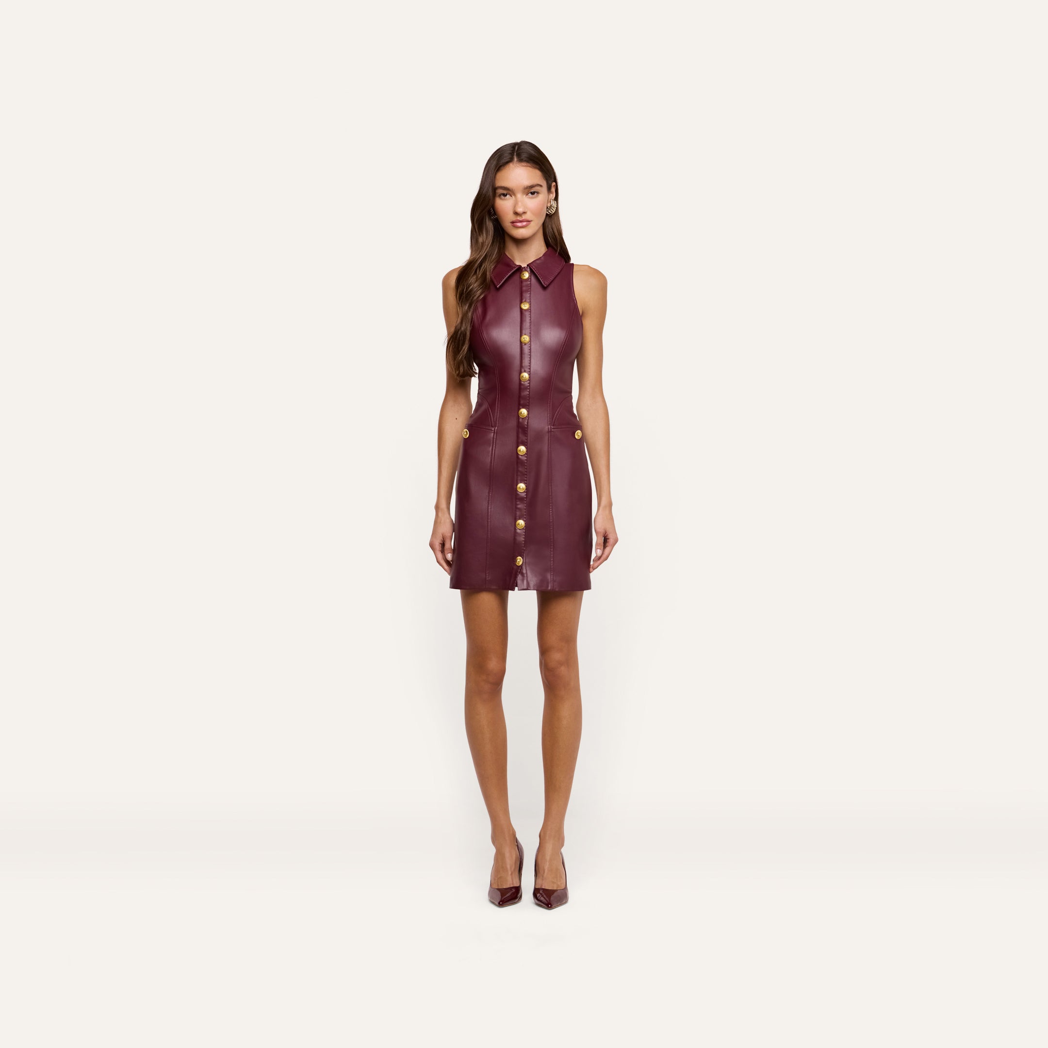 Apolline Vegan Leather Dress in burgundy, featuring a sleeveless, knee-length silhouette, a collar, and a gold hardware button-front closure.