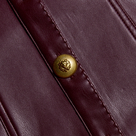 Close-up of the burgundy Apolline Vegan Leather Dress featuring vertical stitched seams and a gold lion-embossed button.