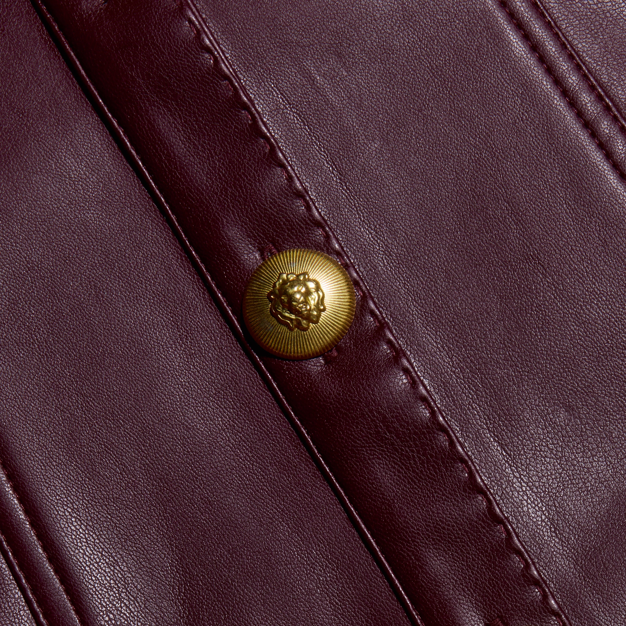Close-up of the burgundy Apolline Vegan Leather Dress featuring vertical stitched seams and a gold lion-embossed button.