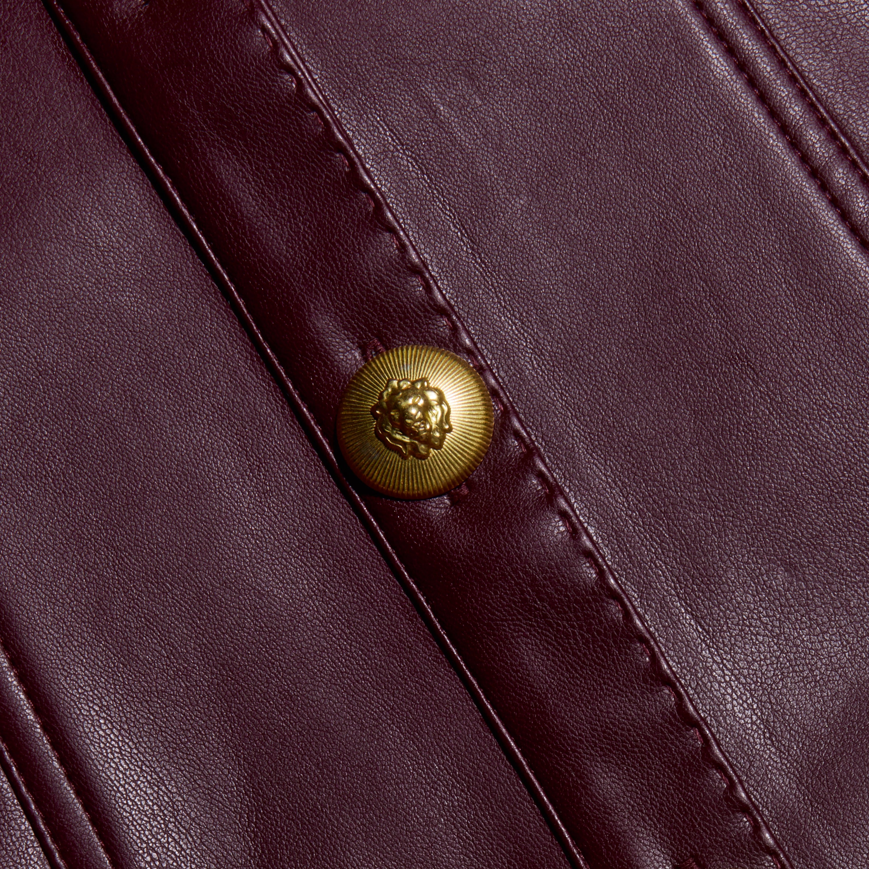 Close-up of the burgundy Apolline Vegan Leather Dress featuring vertical stitched seams and a gold lion-embossed button.