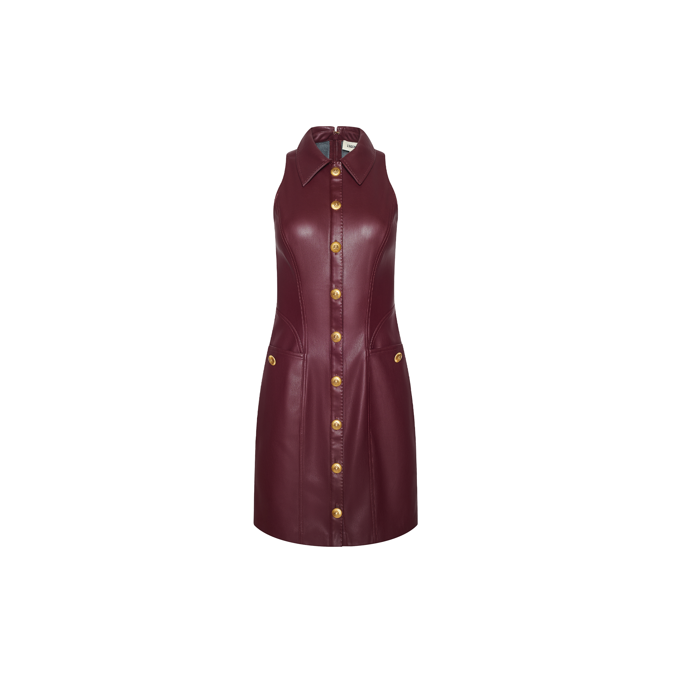 Apolline Vegan Leather Dress in burgundy, featuring a sleeveless mini silhouette, a collar, gold front buttons, and two hip flap pockets.