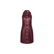 Apolline Vegan Leather Dress in burgundy, featuring a sleeveless mini silhouette, a collar, gold front buttons, and two hip flap pockets.