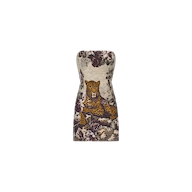 The Renee Tapestry Mini Dress is a strapless mini dress showcasing a tapestry-style print with a lounging leopard surrounded by floral and foliage patterns on a neutral background. It features a corset-inspired back for an elegant, structured fit.