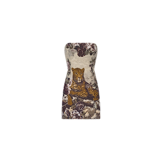 Introducing the Renee Tapestry Mini Dress: this strapless mini dress showcases a tapestry-style design with a lounging leopard surrounded by flowers in earthy tones on the front. The corset-inspired silhouette effortlessly balances structure and elegance, making it a true standout piece.