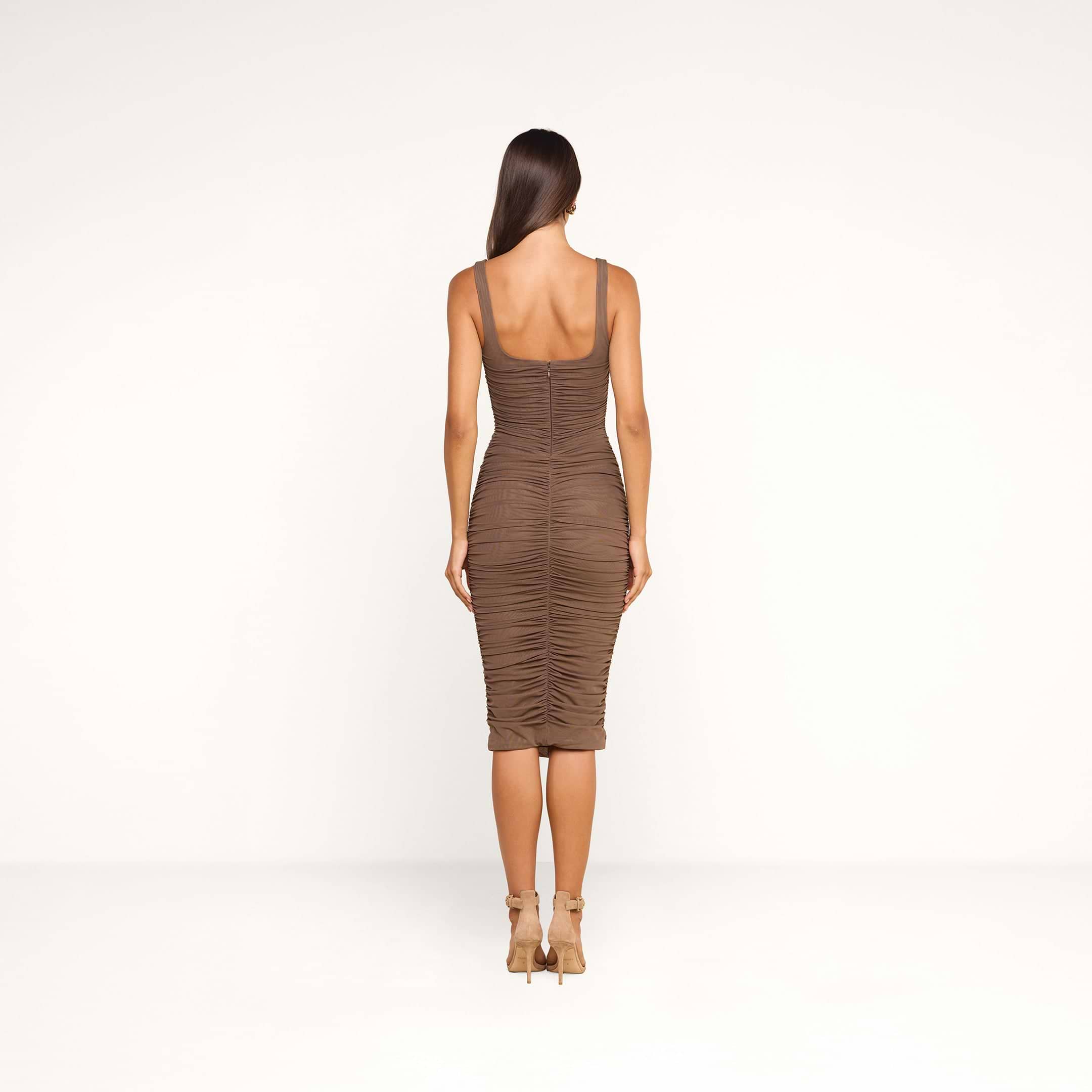 shirred bodycon midi dress Anya in Dark Cardamom Shirred stretch mesh Lined primetime Lulus Blush Pink Bodycon Style:Midi