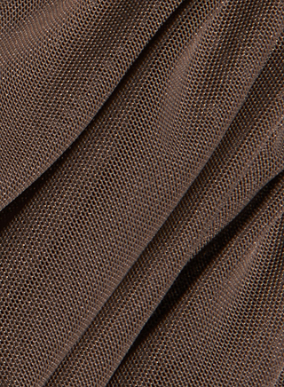 Close-up of the brown textured fabric of the Anya Shirred Dress, featuring a mesh-like, shirred pattern and gentle folds running diagonally across the image.