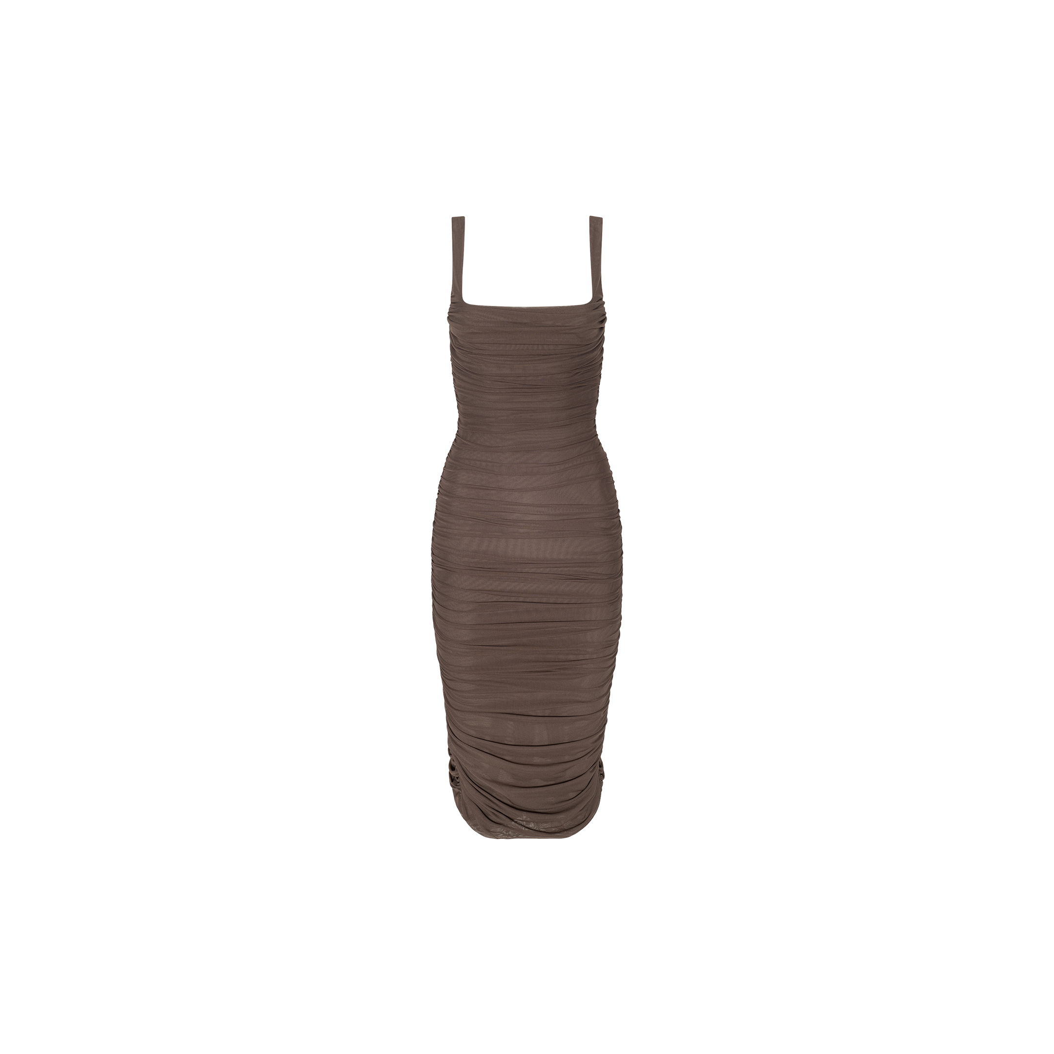 The Anya Shirred Dress is a sleeveless, form-hugging brown midi dress with shirred mesh detailing throughout, displayed on a plain white background.