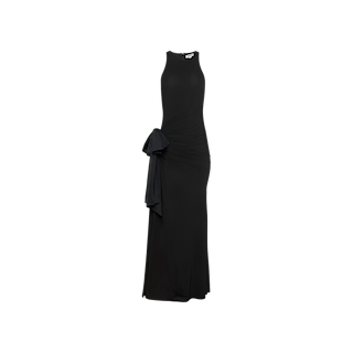 The Frost Gown is a sleeveless, black floor-length dress featuring a fitted silhouette, high neckline, and an oversized side bow detail at the waist. Displayed on a plain white background, this elegant full-length gown is perfect for any black-tie affair.