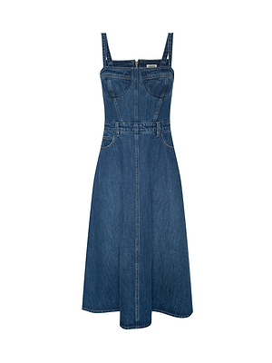 The Jovie Bustier Dress is a sleeveless, knee-length denim design with front seams, a corset-inspired bodice, square neckline, and wide shoulder straps, shown against a white background.
