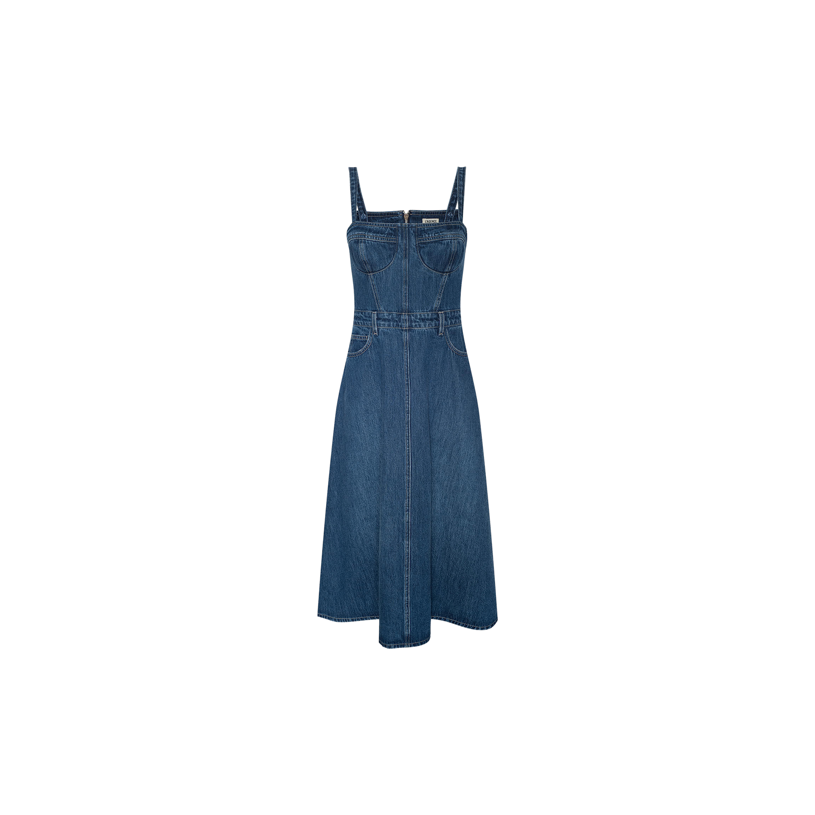 The Jovie Bustier Dress is a sleeveless blue denim dress with a flattering corset bodice, front seam details, and an A-line skirt, displayed on a plain white background.