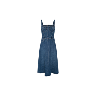 The Jovie Bustier Dress is a sleeveless blue denim dress with a flattering corset bodice, front seam details, and an A-line skirt, displayed on a plain white background.