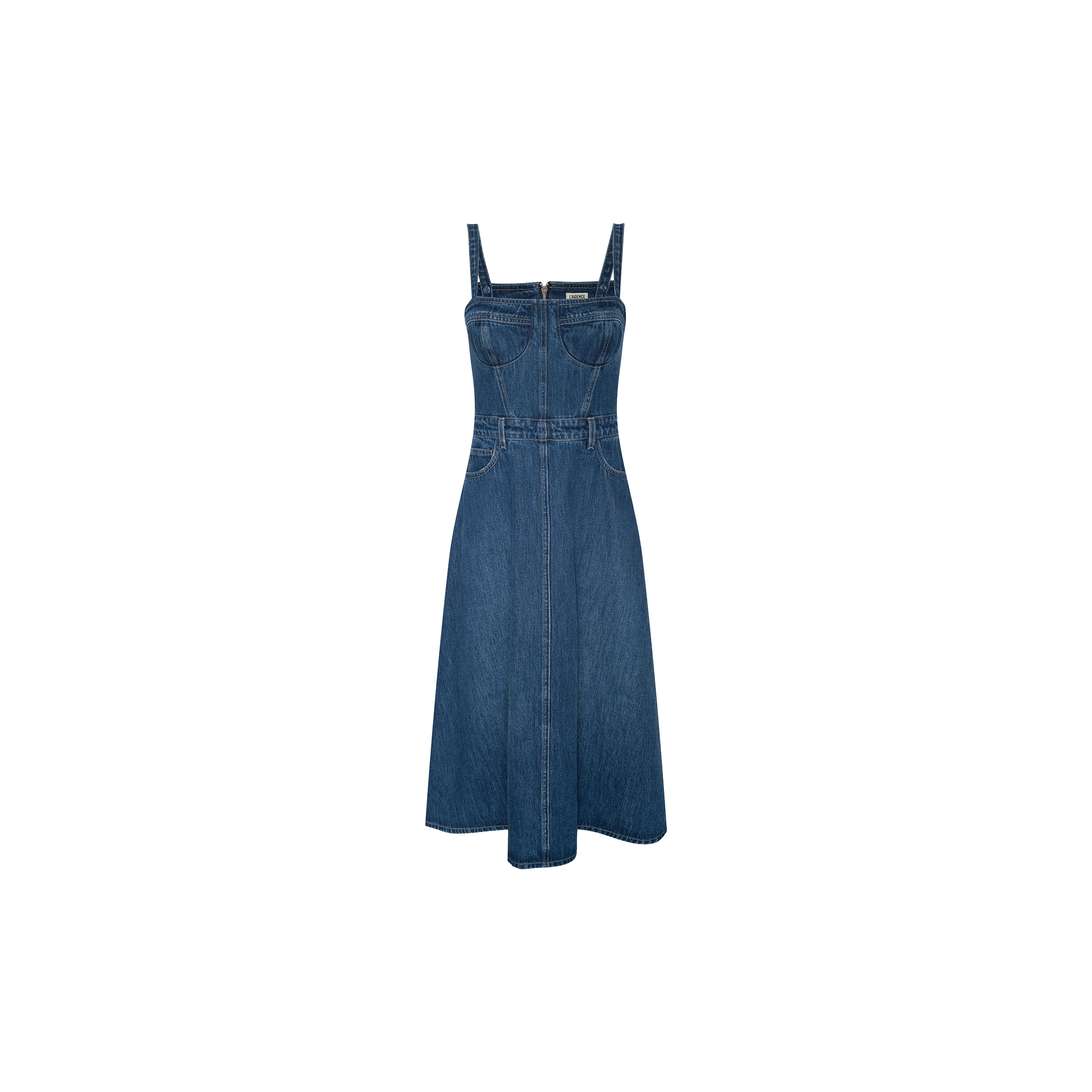 The Jovie Bustier Dress is a sleeveless blue denim dress with a flattering corset bodice, front seam details, and an A-line skirt, displayed on a plain white background.
