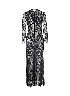The Poesy Lace Maxi Dress features sheer black floral lace, long sleeves, a v-neckline, and scalloped edges. Black trim details give this elegant piece a modern edge, making it ideal for Fall 2026 fashion.