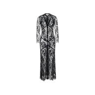 The Poesy Lace Maxi Dress is a long-sleeve, black lace dress in a maxi length, showcasing a v-neckline and an intricate floral pattern with decorative vertical and diagonal lines, presented against a plain white background.