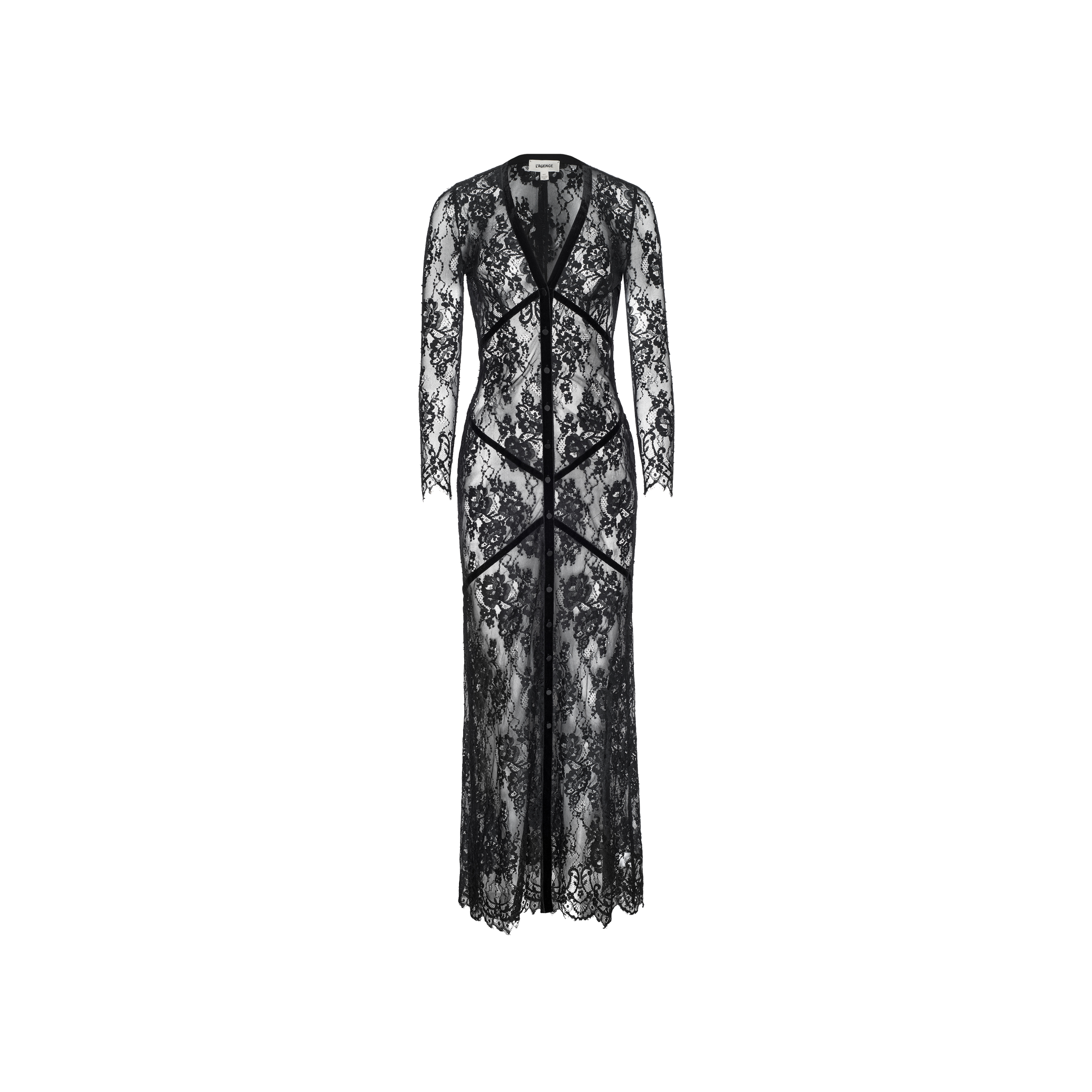 The Poesy Lace Maxi Dress is a long-sleeve, black lace dress in a maxi length, showcasing a v-neckline and an intricate floral pattern with decorative vertical and diagonal lines, presented against a plain white background.