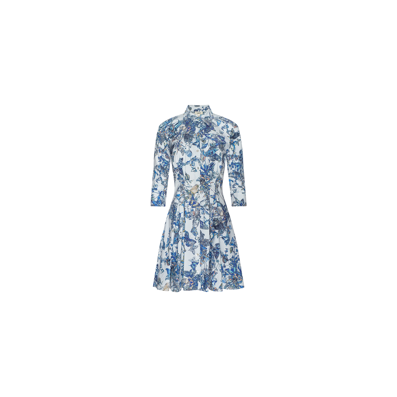 Journi Shirt Dress: A knee-length shirt dress featuring a blue and white floral print, three-quarter sleeves, fitted waist, and flared skirt, crafted from stretch cotton-blend fabric and displayed on a plain white background.