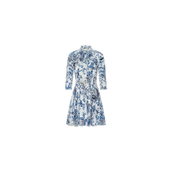 Journi Shirt Dress: A knee-length shirt dress featuring a blue and white floral print, three-quarter sleeves, fitted waist, and flared skirt, crafted from stretch cotton-blend fabric and displayed on a plain white background.