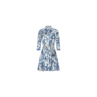 The Journi Shirt Dress is a knee-length, long-sleeve shirt dress crafted from stretch cotton, featuring a blue and white floral and butterfly print. Designed with a button-down front, collared neckline, and a tied waist belt, this dress is displayed on a plain white background.