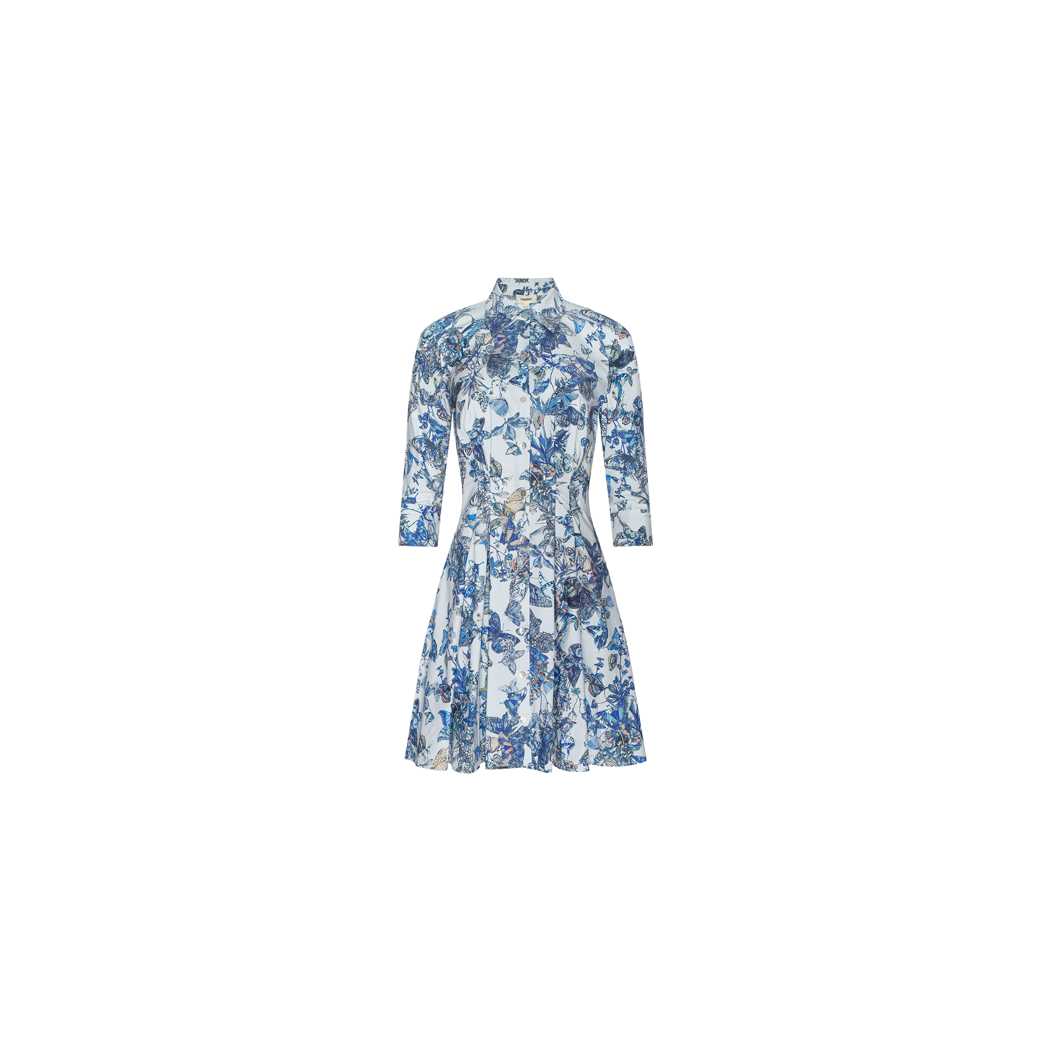 Journi Shirt Dress: A knee-length shirt dress featuring a blue and white floral print, three-quarter sleeves, fitted waist, and flared skirt, crafted from stretch cotton-blend fabric and displayed on a plain white background.
