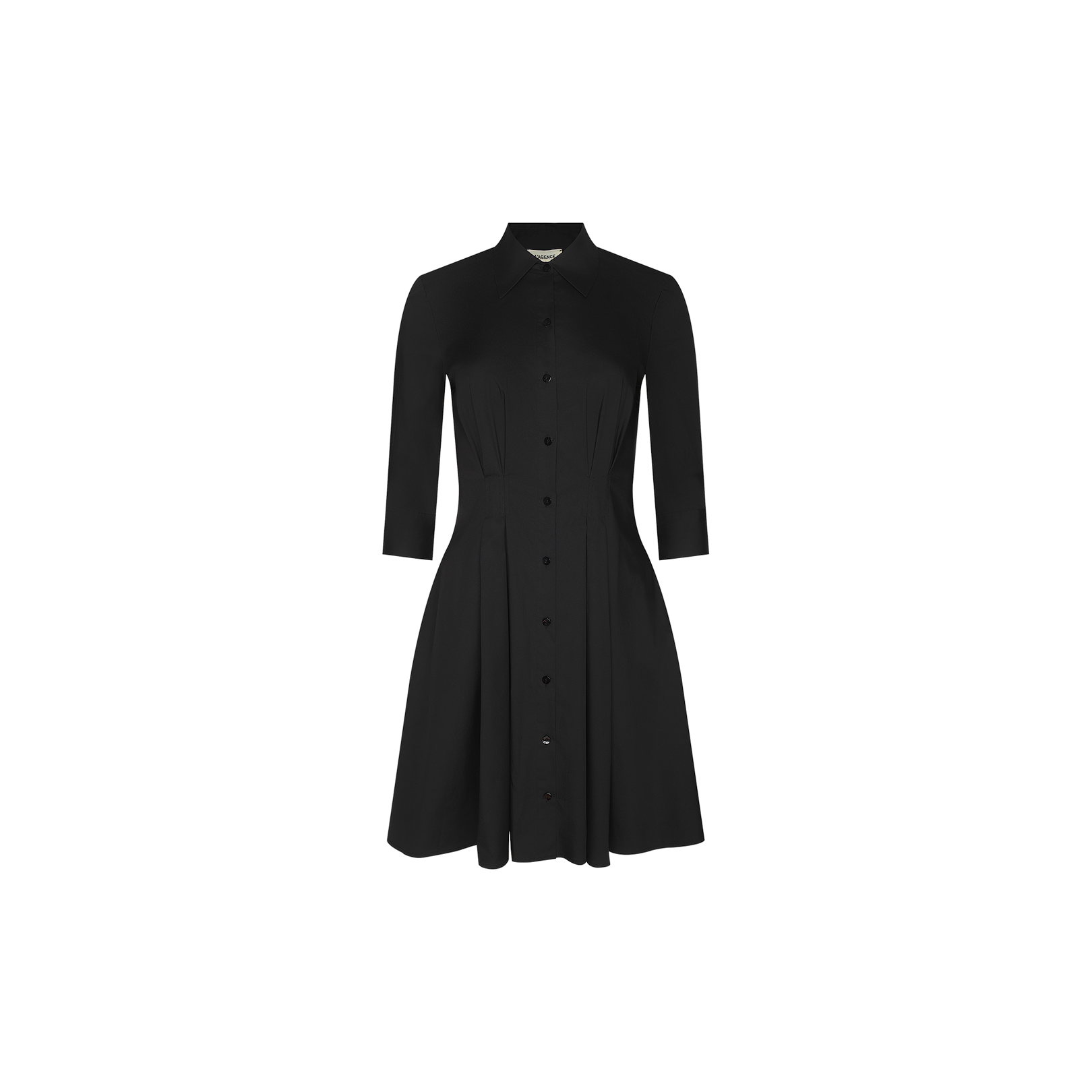 Introducing the Journi Shirt Dress: a black, knee-length shirt dress made from cotton-blend poplin, featuring three-quarter sleeves, a fitted waist, pintuck detailing, and a classic collar—beautifully displayed on a plain white background.