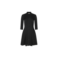 Introducing the Journi Shirt Dress: a black, knee-length shirt dress made from cotton-blend poplin, featuring three-quarter sleeves, a fitted waist, pintuck detailing, and a classic collar—beautifully displayed on a plain white background.