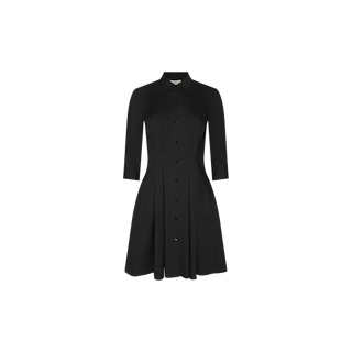 The Journi Shirt Dress is a black, knee-length shirt dress with a fitted waist, three-quarter sleeves, a collar, and a full, flared skirt, crafted from cotton-blend poplin and displayed against a plain white background.