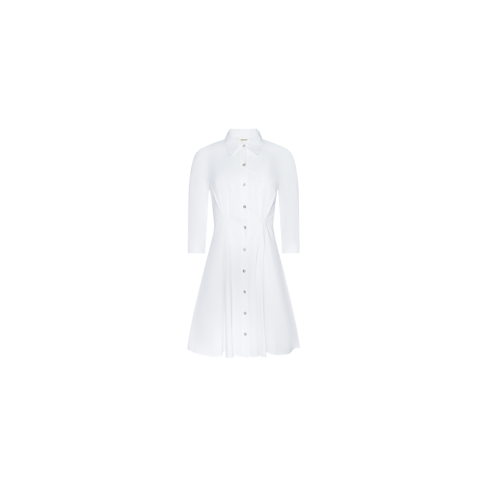 The Journi Shirt Dress is crafted from a cotton-blend poplin with a classic collar and three-quarter sleeves. This white button-down dress features a fitted waist and timeless silhouette that flares gently at the skirt, shown against a plain light background.