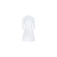 The Journi Shirt Dress is crafted from a cotton-blend poplin with a classic collar and three-quarter sleeves. This white button-down dress features a fitted waist and timeless silhouette that flares gently at the skirt, shown against a plain light background.