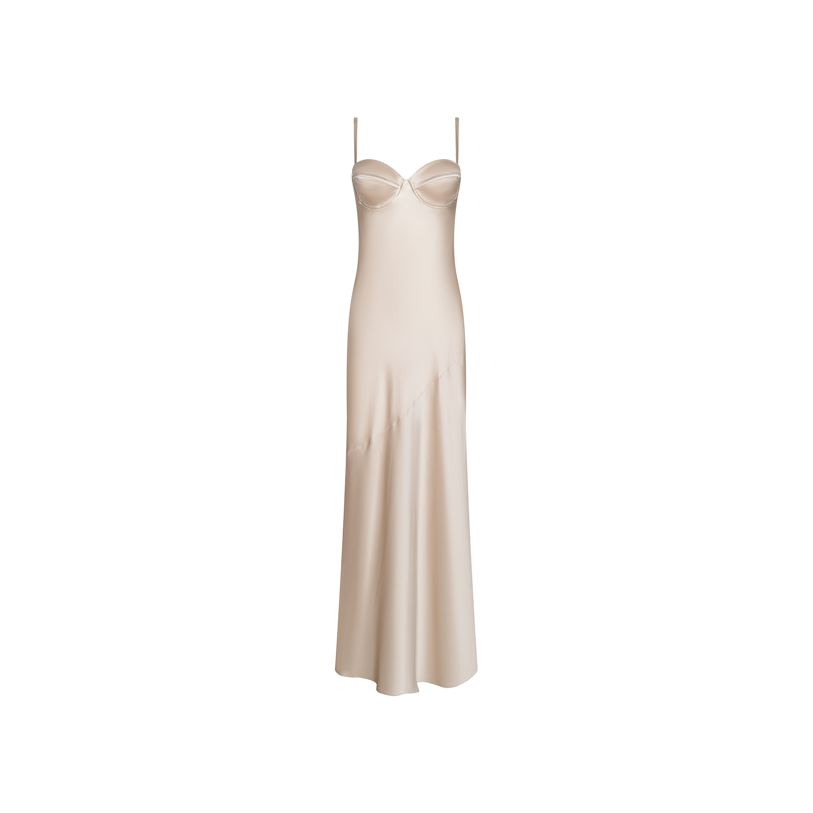 The Sayla Silk Gown is a long, sleeveless champagne-hued silk dress featuring delicate spaghetti straps and a fitted, structured bodice that channels vintage glamour, elegantly showcased against a plain white background.