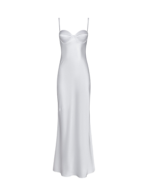 The Sayla Silk Gown, shown on a plain white background, features a white satin finish, spaghetti straps, a fitted bodice, and an ankle-length flared skirt—offering vintage glamour for any event-ready look.