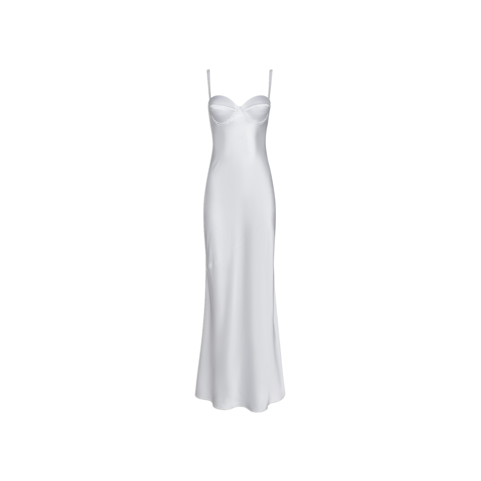 The Sayla Silk Gown, displayed on a plain white background, is a white, floor-length dress crafted from lustrous silk with thin spaghetti straps and a fitted bustier-style bodice that channels vintage glamour, making it an event-ready choice.