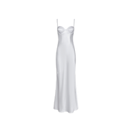 Introducing the Sayla Silk Gown: an event-ready white satin slip dress featuring thin spaghetti straps, a fitted bodice with delicate bust detailing, and a long, subtly flared skirt. Displayed on a plain white background, this gown channels vintage glamour and exudes timeless elegance.