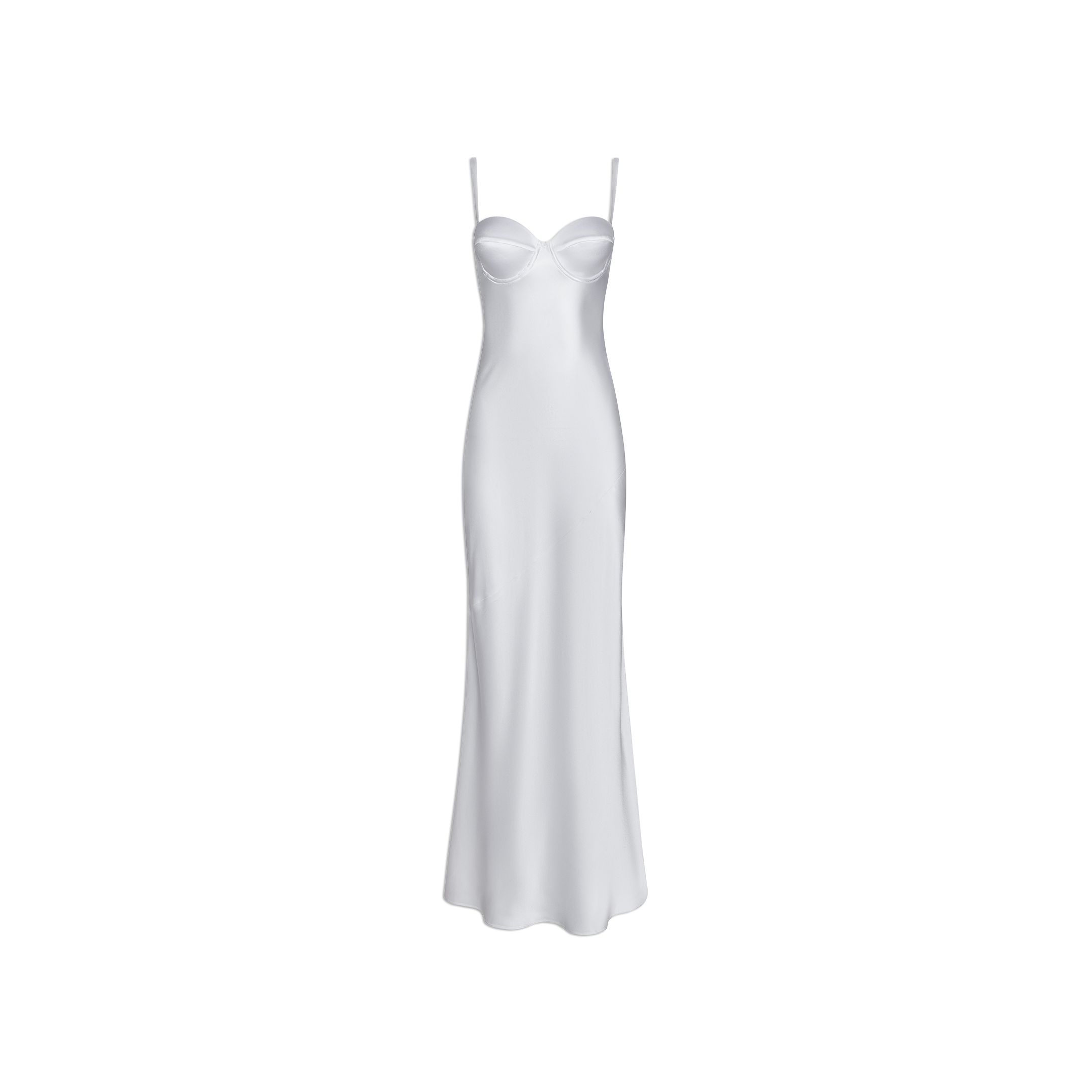 Introducing the Sayla Silk Gown: an event-ready white satin slip dress featuring thin spaghetti straps, a fitted bodice with delicate bust detailing, and a long, subtly flared skirt. Displayed on a plain white background, this gown channels vintage glamour and exudes timeless elegance.