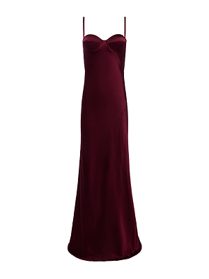 The Sayla Silk Gown by L'AGENCE is a sleeveless, floor-length maroon dress with thin straps and a fitted bodice, radiating vintage glamour against a plain white background.