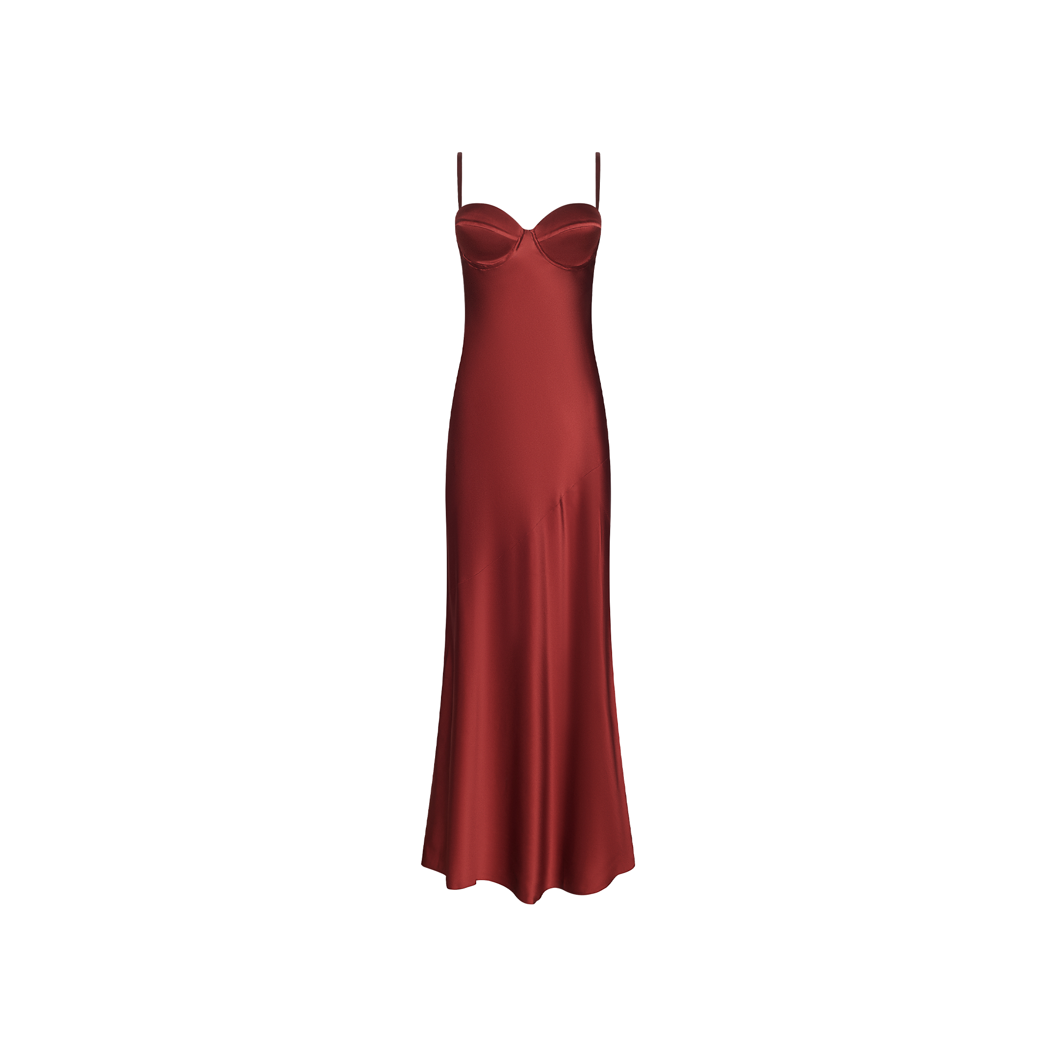 Deep red Sayla Silk Gown with a sweetheart neckline, thin spaghetti straps, and a bias-cut skirt offering vintage glamour.