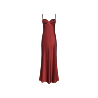 Deep red Sayla Silk Gown with a sweetheart neckline, thin spaghetti straps, and a bias-cut skirt offering vintage glamour.