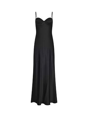 The Sayla Silk Gown by L'AGENCE features thin straps, a fitted bodice, and a flared midi skirt in black satin—delivering vintage-inspired glamour that's perfect for events and stands out beautifully against a white background.