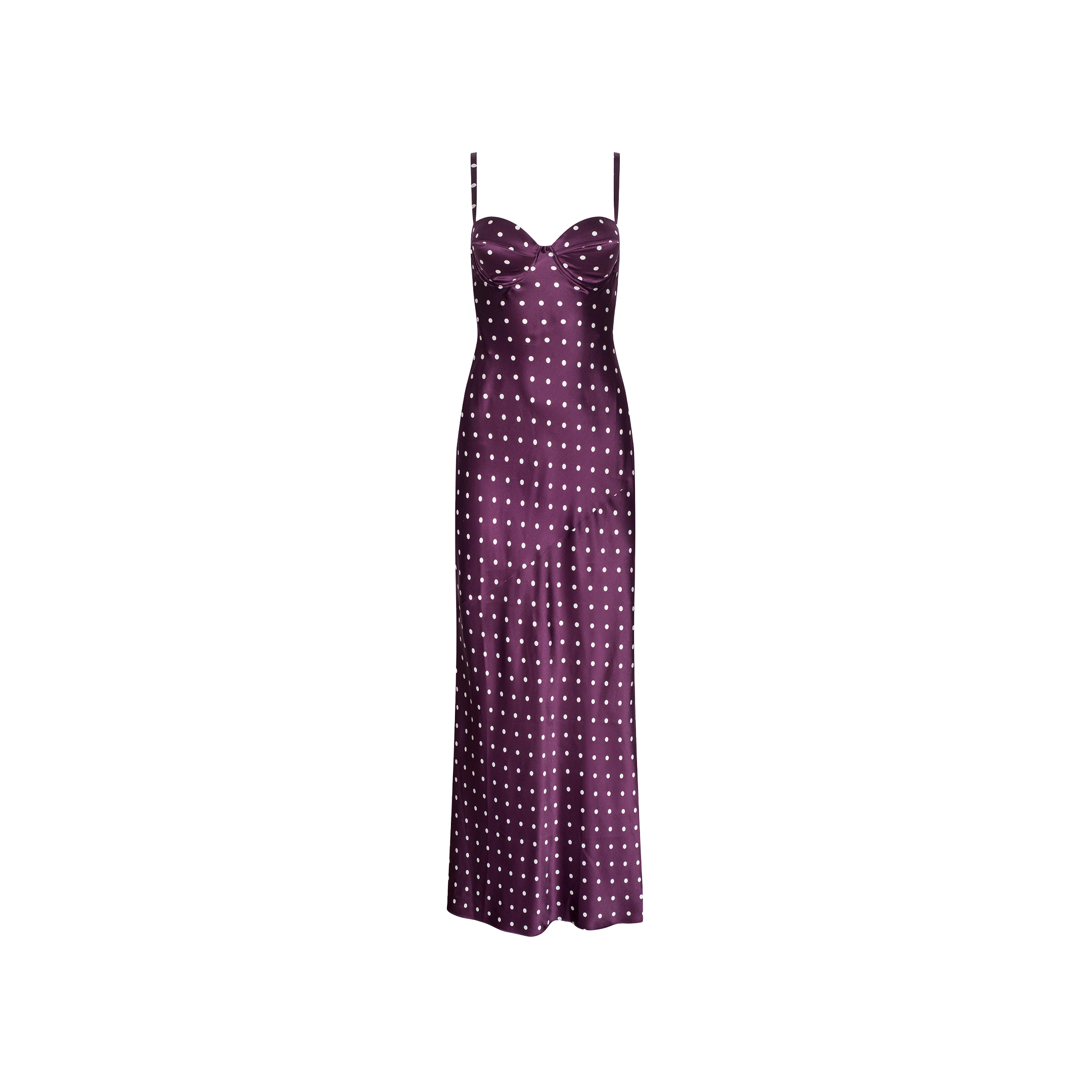 The Sayla Silk Gown is a sleeveless, purple satin dress adorned with white polka dots, featuring thin straps and a fitted bodice, displayed on a plain white background.