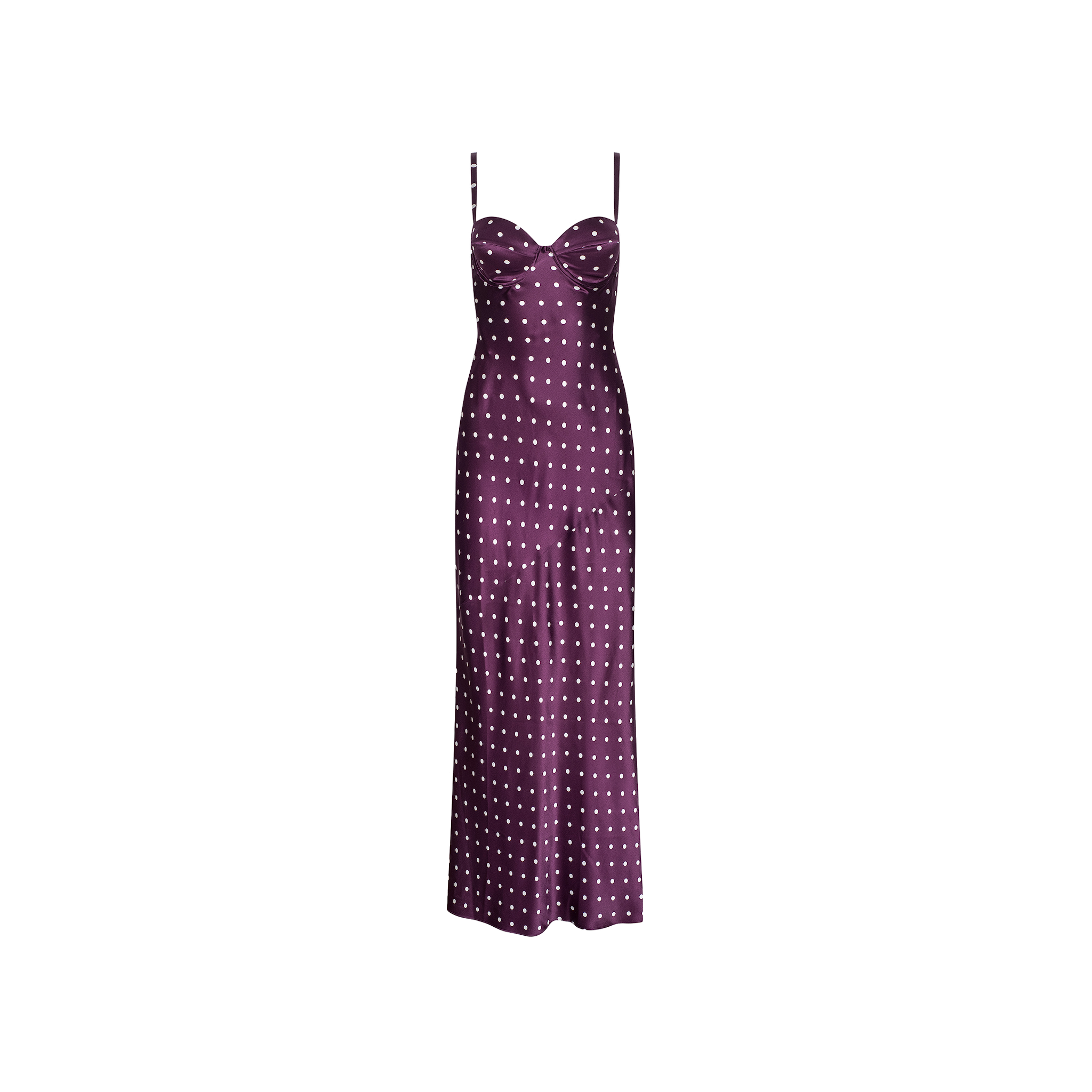 The Sayla Silk Gown is a sleeveless, purple satin dress adorned with white polka dots, featuring thin straps and a fitted bodice, displayed on a plain white background.