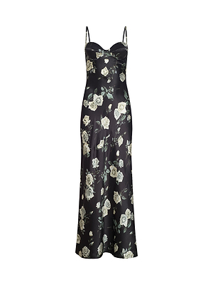 The Sayla Silk Gown by L'AGENCE is a black satin slip dress featuring thin spaghetti straps and a white rose floral print, displayed on a plain white background.